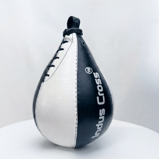 Black and white speed bag with 'Indus Cross' branding on a light gray background