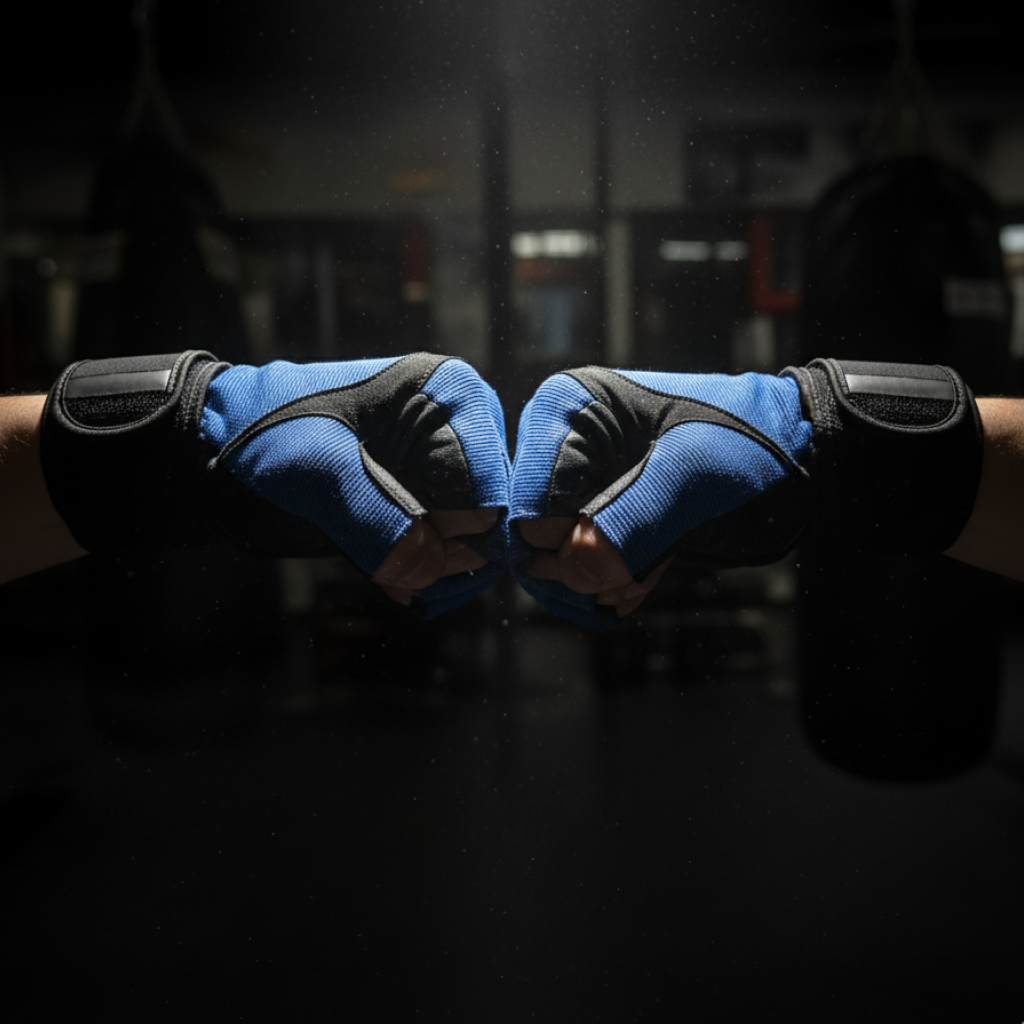 Pair of blue and black gloves on a dark background