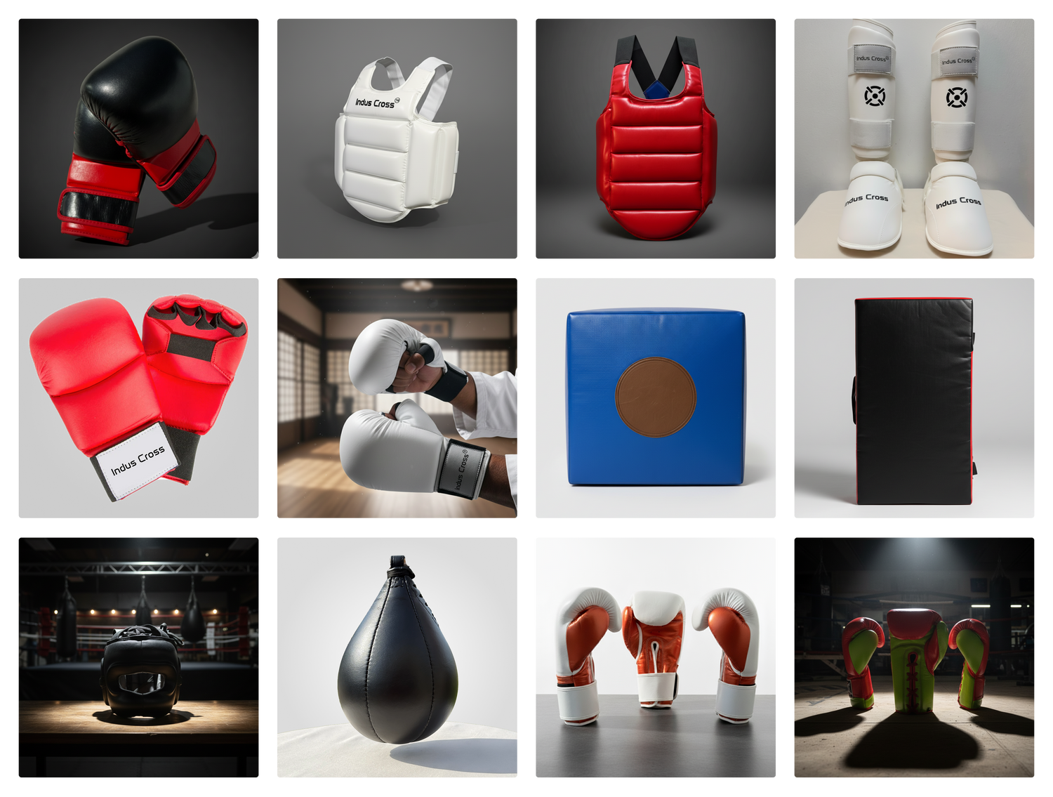 Collage of various boxing equipment including gloves, vests, boots, and punching bags.
