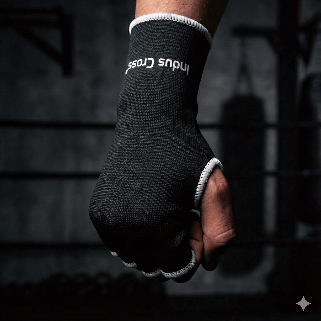 Hand wrapped in black Indus Cross X-Knit Inner Gloves with 'Indus Cross' branding against a dark background.