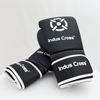 Black boxing gloves with 'Indus Cross' branding on a white background