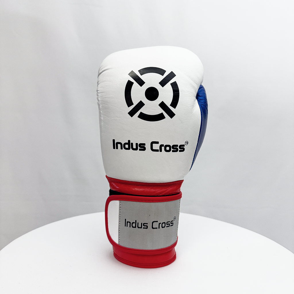 White boxing glove with red accents and 'Indus Cross' branding on a white background