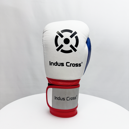 White boxing glove with red accents and 'Indus Cross' branding on a white background