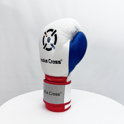 White boxing glove with blue and red accents on a white background
