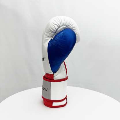 White boxing glove with blue and red accents on a white background
