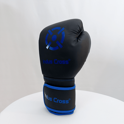 Black boxing glove with blue accents on a white background