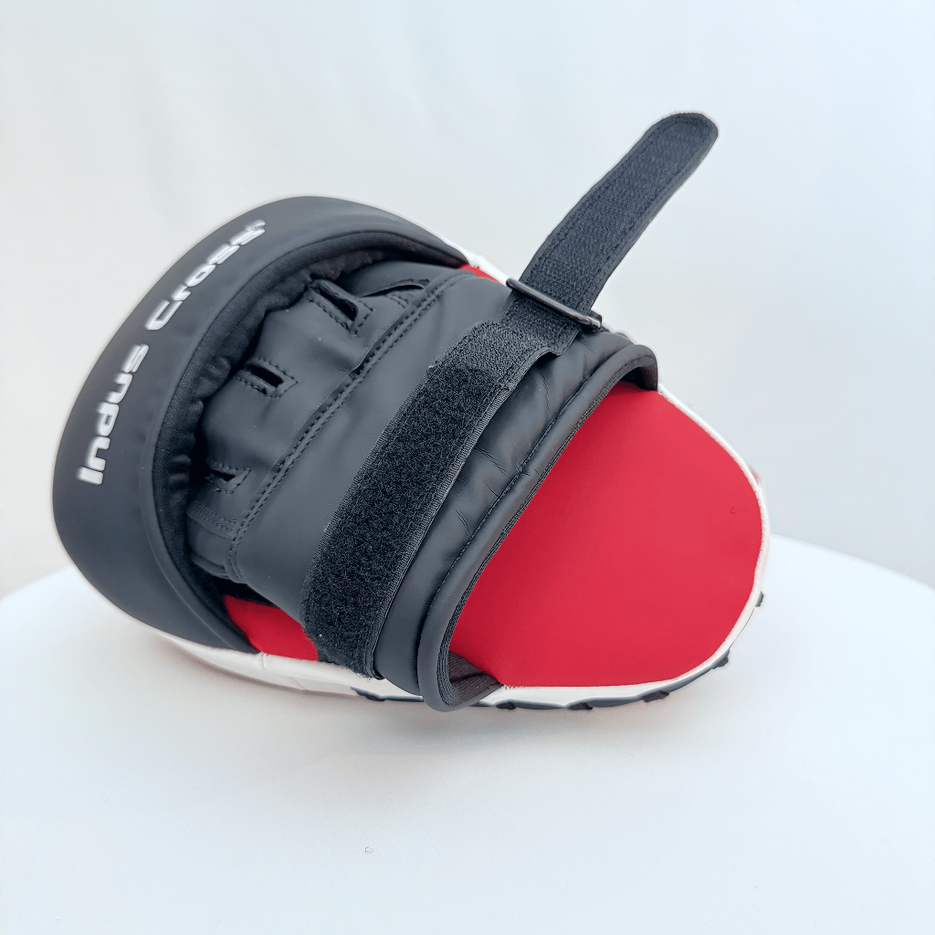 Red and black boxing focus mitts on a white background