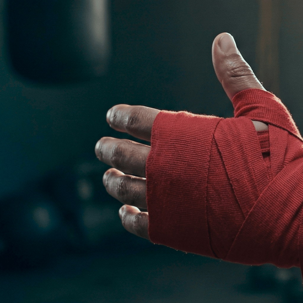 Hand wrapped in a Indus Cross red IC-Pro Hand Wraps boxing tape against a dark background..