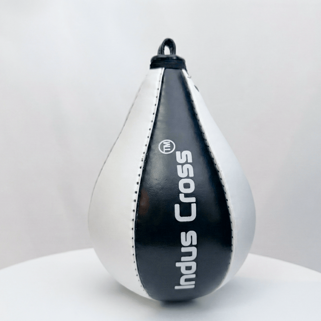 Black and white speed bag with 'Indus Cross' branding on a light gray background