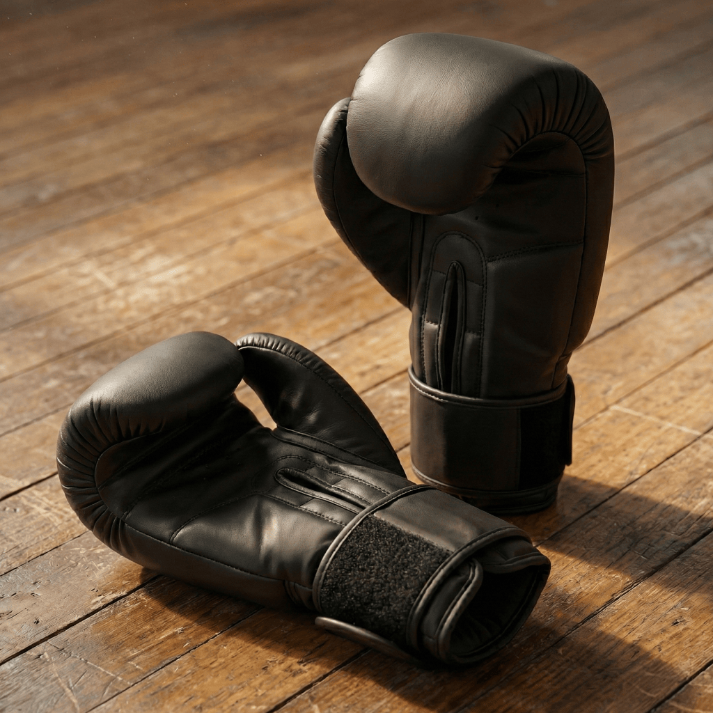 Pair of black Indus Cross Apex-1 Boxing Training Gloves - Artificial Leather side by side one standing up on a wooden floor.