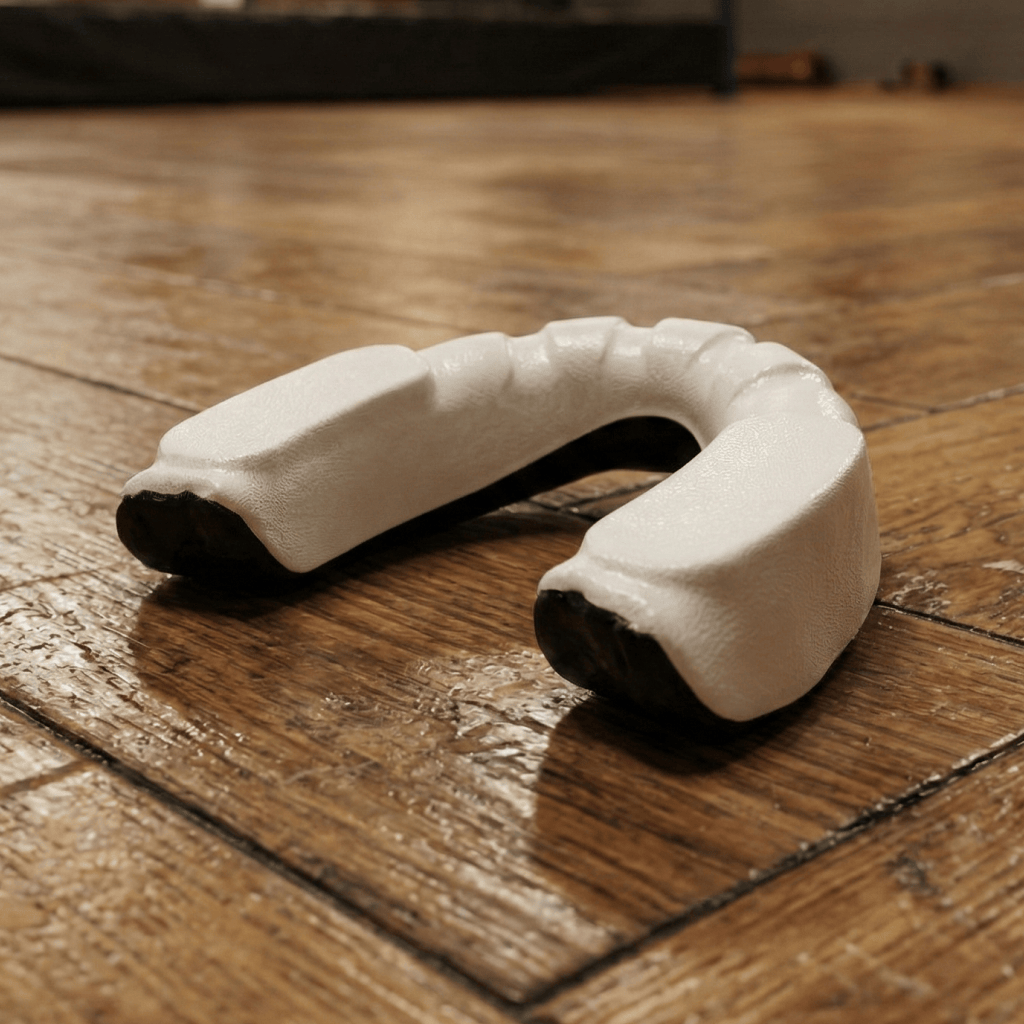 White and black Indus Cross X2-Armor Mouth guard (Protective Cover Included) on a wooden floor.