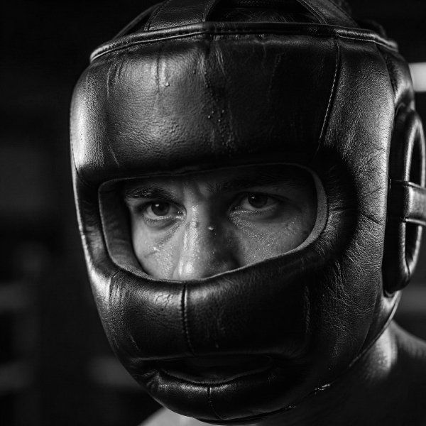 Person wearing a black boxing helmet in a close-up shot.