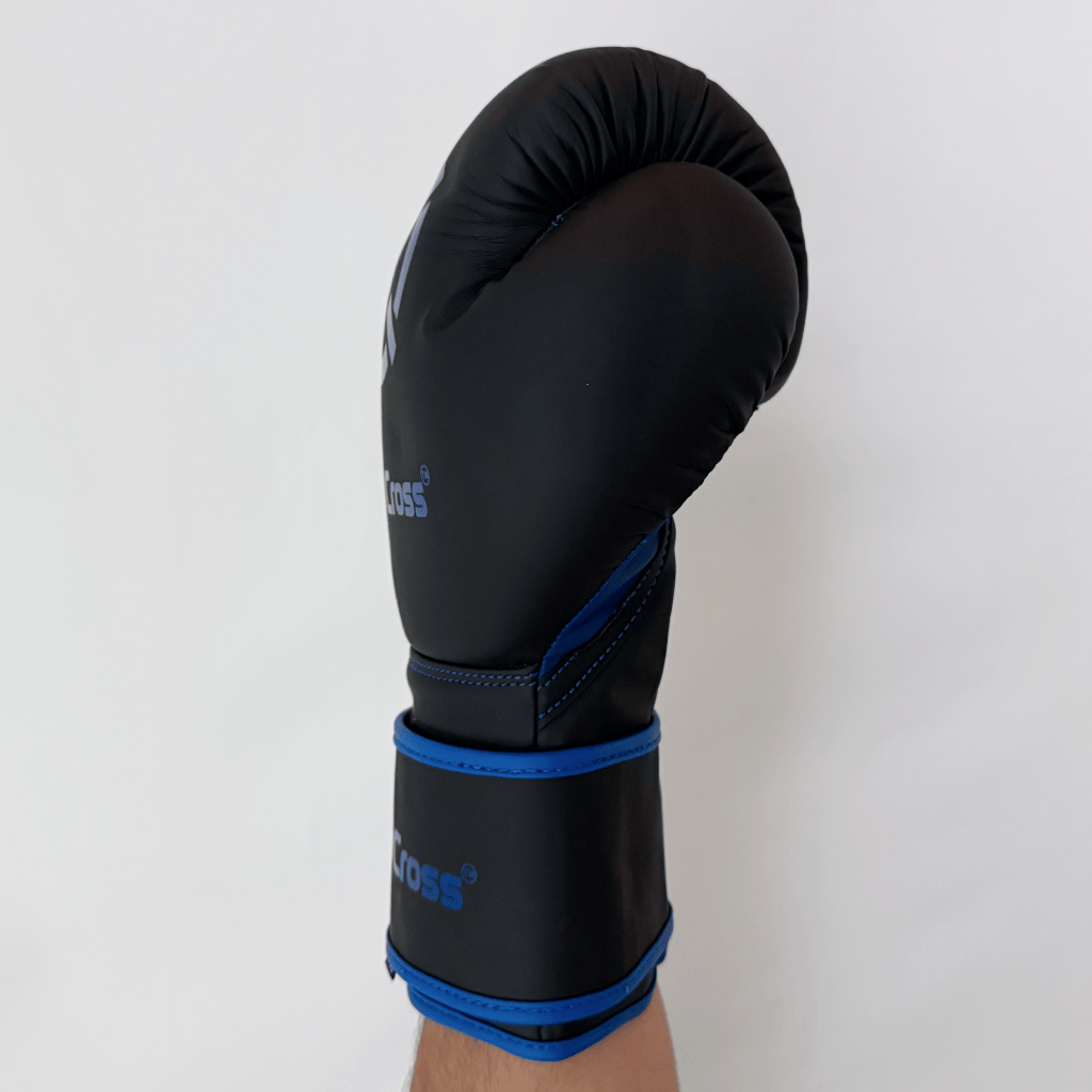 Black boxing glove with blue accents on a white background