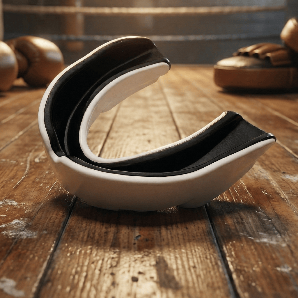 White and black Indus Cross X2-Armor Mouth guard (Protective Cover Included) on a wooden surface.