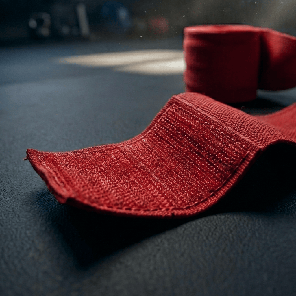 A red Indus Cross IC-Pro Hand Wraps on a Dark Textured surface. 