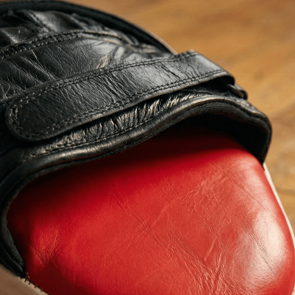 Close-up of a red and black leather Indus Cross Ventus-GL Boxing Focus Mitt on a wooden surface.