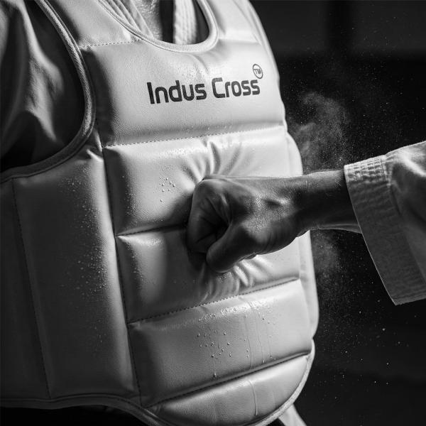 Person wearing an Indus Cross weight vest with a hand on it, black and white photo.