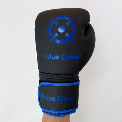Black boxing glove with blue accents and 'Indus Cross' branding on a white background