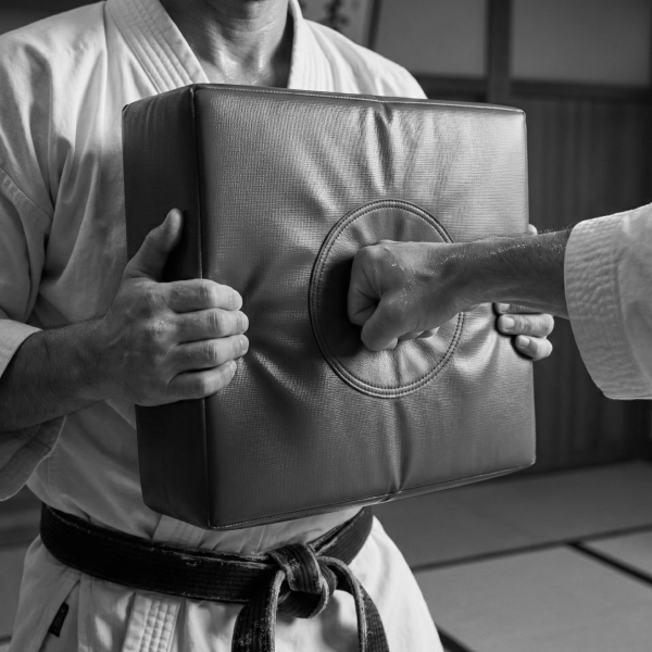 Person in martial arts uniform striking a focus mitt held by another person.