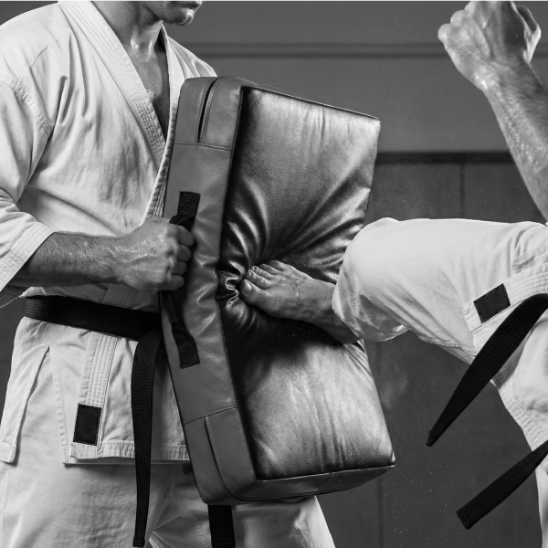 Two individuals in martial arts uniforms interacting with a gray kick shield.