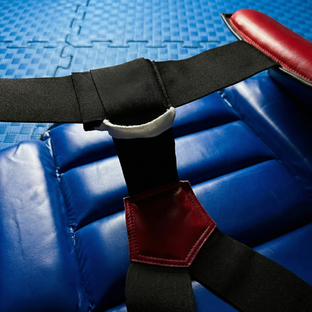Blue and red chest guard with a black strap on a blue mat background