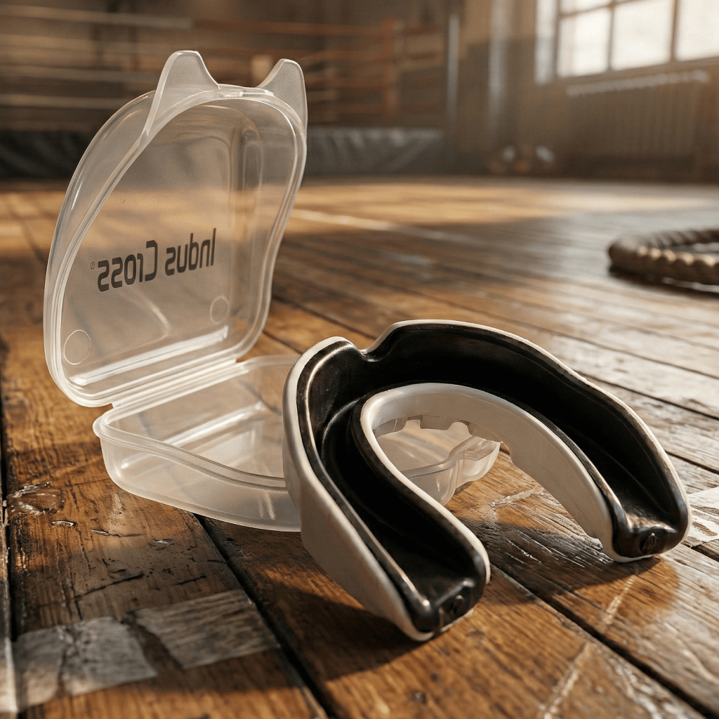 Black and white Indus Cross X2-Armor Mouthguard (Protective Cover Included)   on a wooden surface