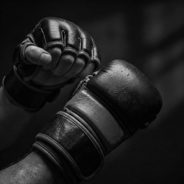 Close-up of a person wearing black boxing gloves on a dark background