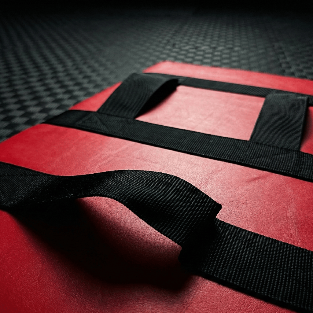 Red kick shield with black straps on a textured surface