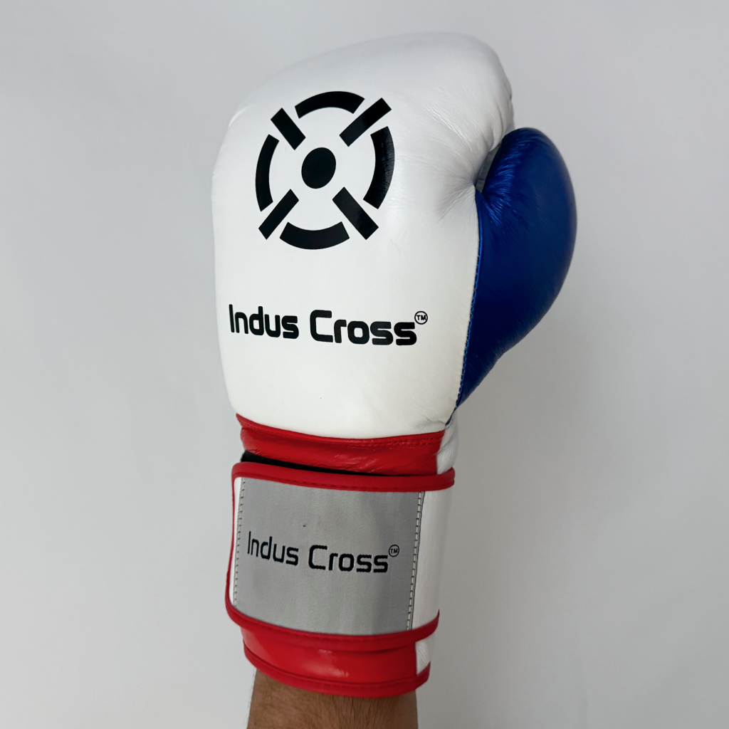 White boxing glove with blue and red accents, featuring 'Indus Cross' branding on a gray background.