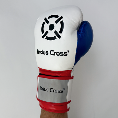 White boxing glove with blue and red accents, featuring 'Indus Cross' branding on a gray background.