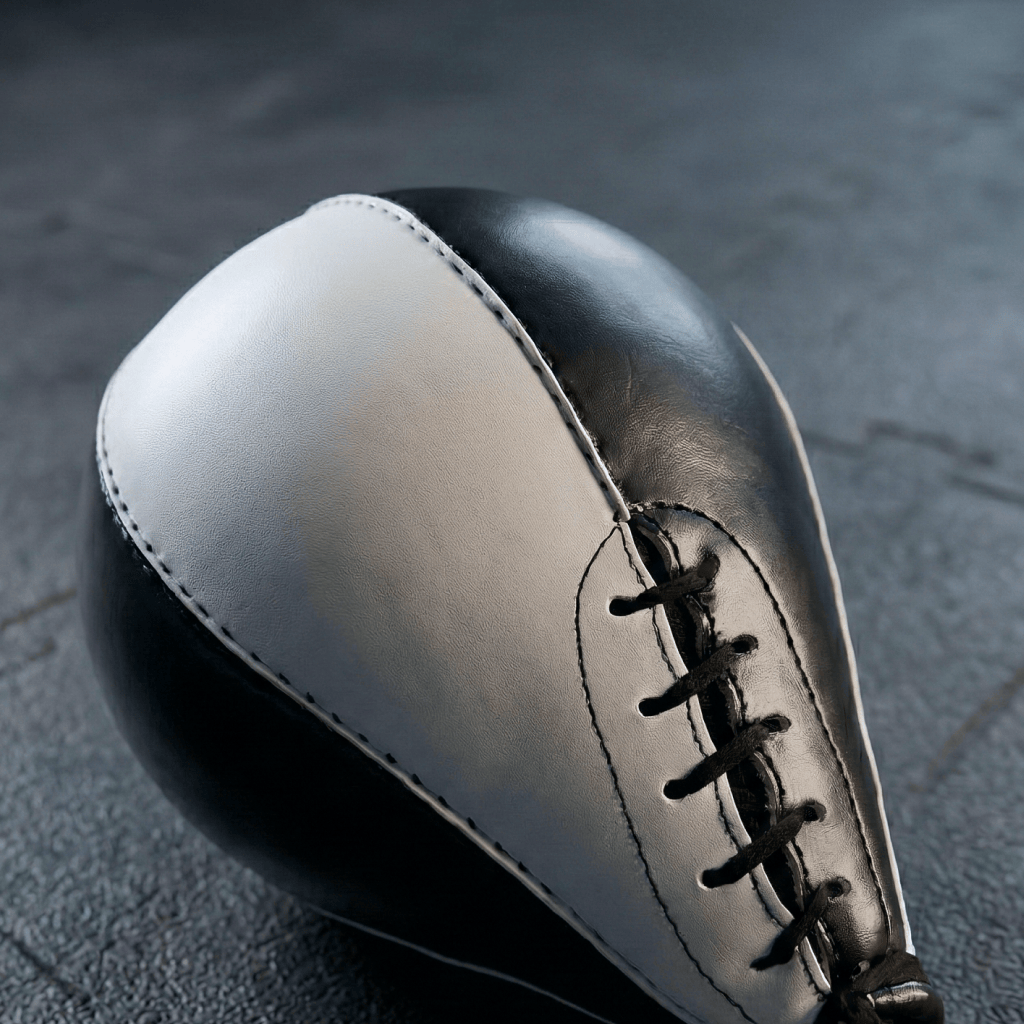 Close-up of a black and white Indus Cross Elite Boxing Speed Bag - Genuine Leather on a dark textured background.