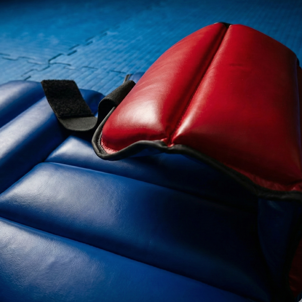 Red and blue reversible karate body protector on a blue mat