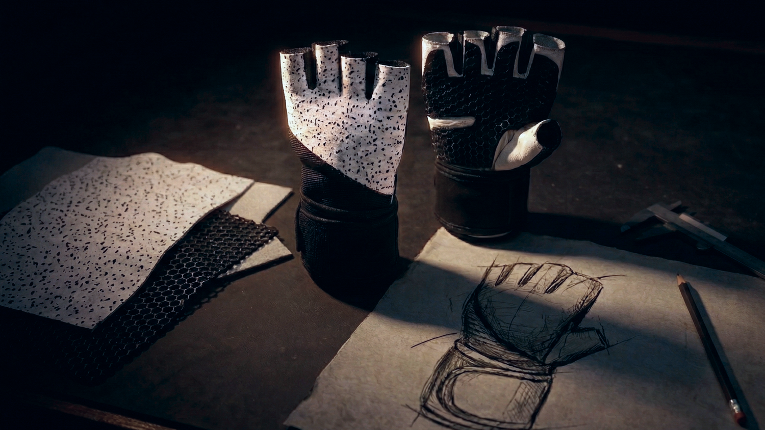 Gloves on a table with a sketch and pen, dark lighting